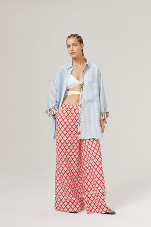 Island Linen Shirt - Light Blue and White Stripes with Contrasting Details