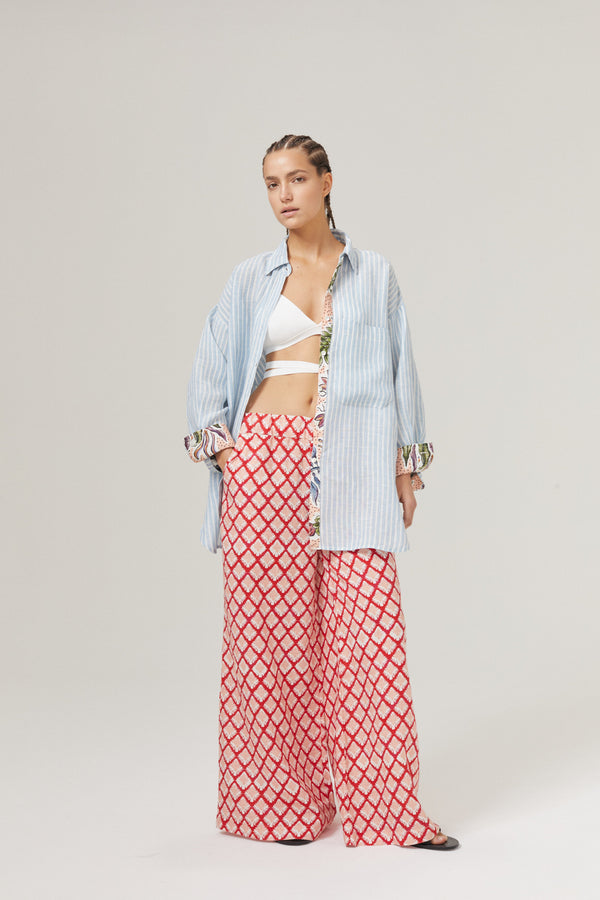 Island Linen Shirt - Light Blue and White Stripes with Contrasting Details