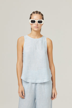 Yves Linen Top - Light Blue and White Stripes