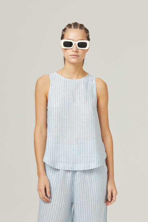 Yves Linen Top - Light Blue and White Stripes