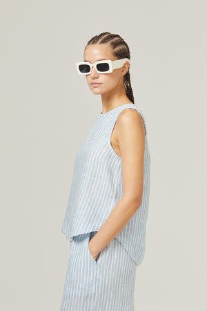 Yves Linen Top - Light Blue and White Stripes