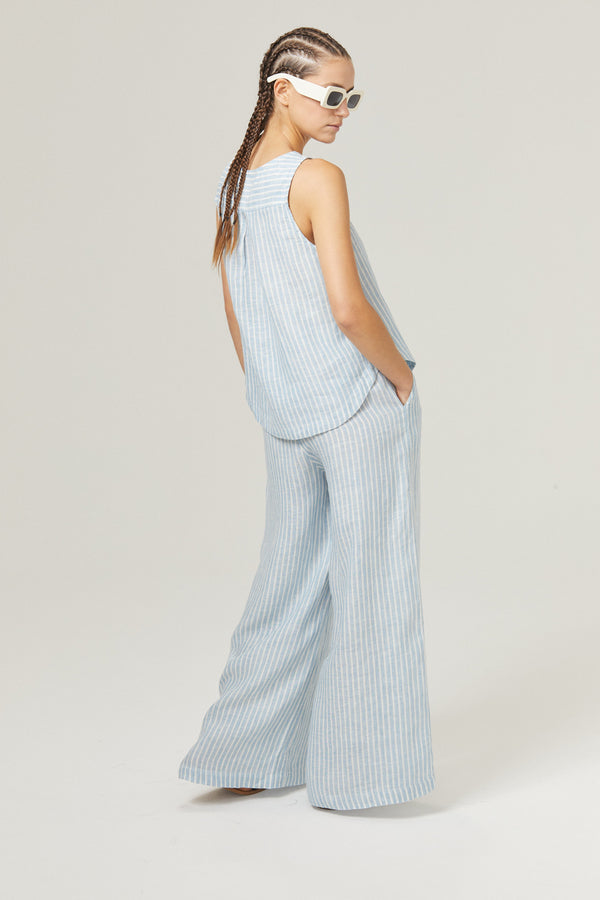 Yves Linen Top - Light Blue and White Stripes