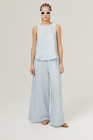 Yves Linen Top - Light Blue and White Stripes