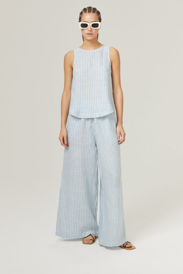 Yves Linen Top - Light Blue and White Stripes