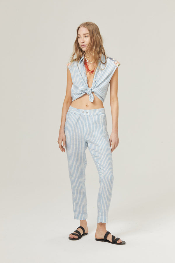 Lotus Jogger Linen Pants - Light Blue and White Stripes with Contrasting Details