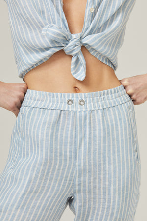 Lotus Jogger Linen Pants - Light Blue and White Stripes with Contrasting Details