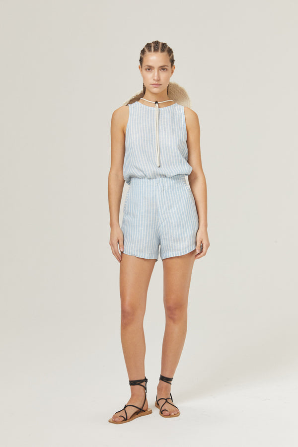 Yves Linen Top - Light Blue and White Stripes