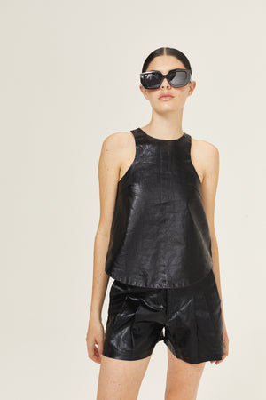 Loto Metallic Linen Top - Black