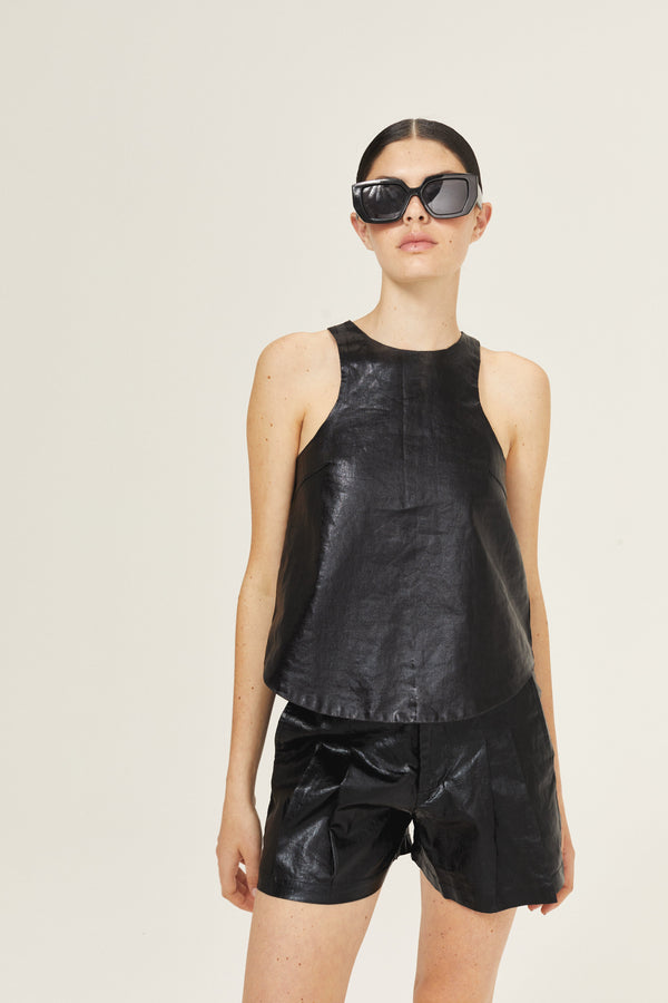 Loto Metallic Linen Top - Black
