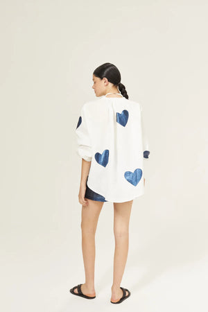 Cupid Linen Shirt - Off-white with Metallic Dark Blue Hearts