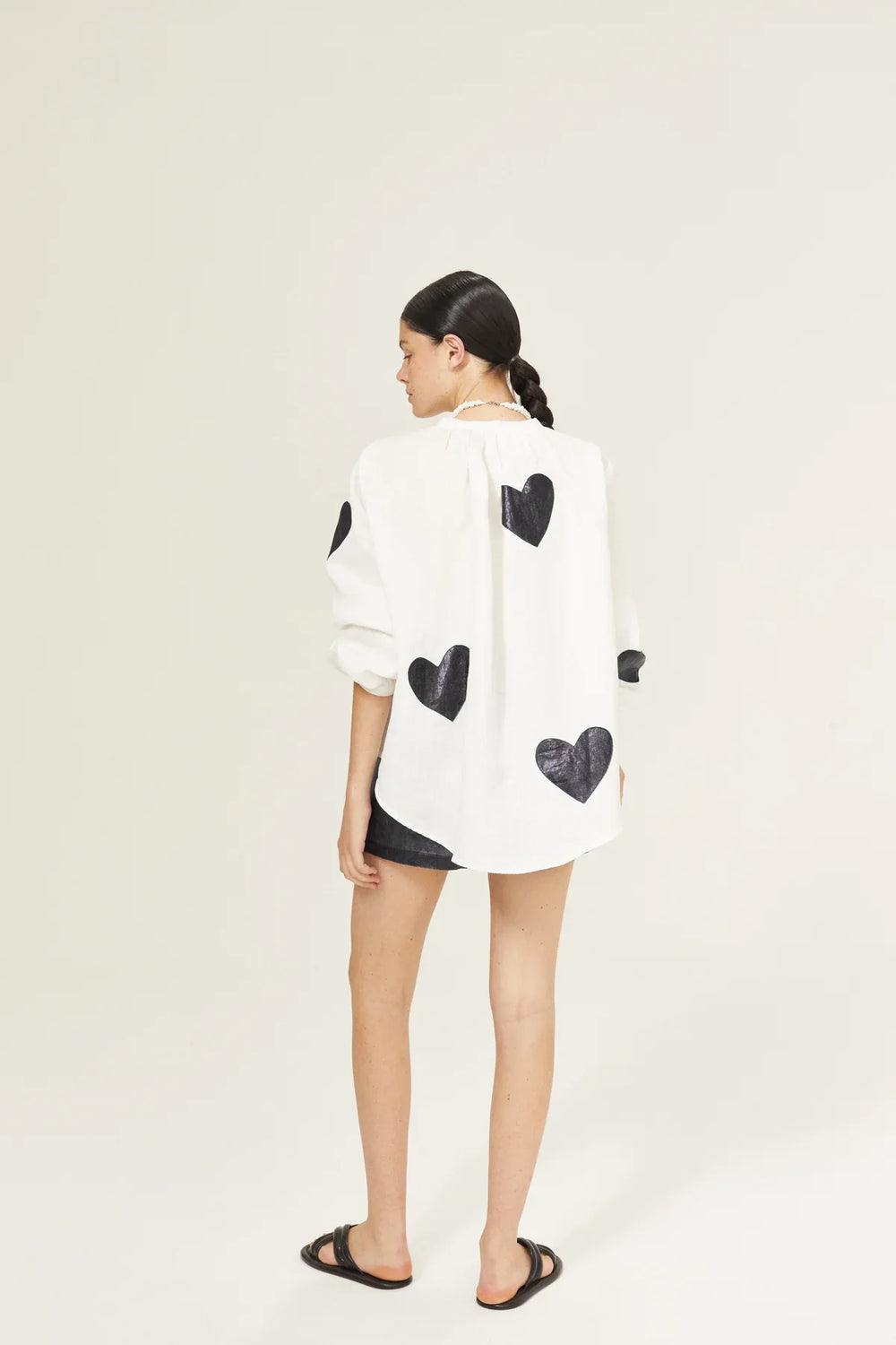 Cupid Linen Shirt - Off-White with Metallic Black Hearts