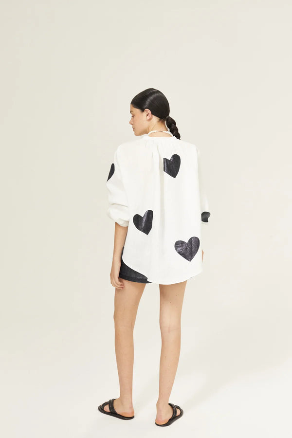 Cupid Linen Shirt - Off-White with Metallic Black Hearts
