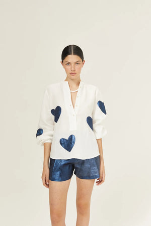 Cupid Linen Shirt - Off-white with Metallic Dark Blue Hearts