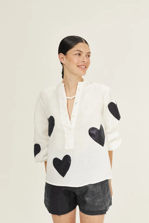 Cupid Linen Shirt - Off-White with Metallic Black Hearts