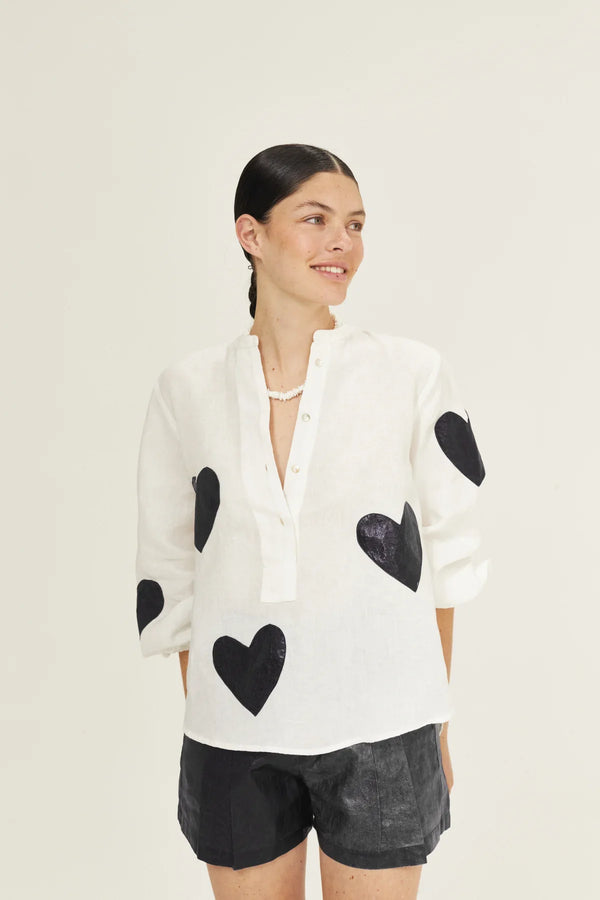 Cupid Linen Shirt - Off-White with Metallic Black Hearts