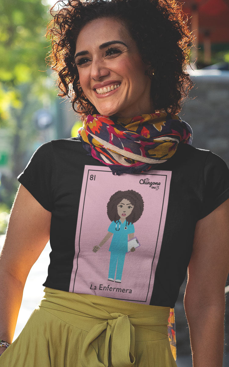 La Enfermera Curly Hair Loteria Card T-Shirt