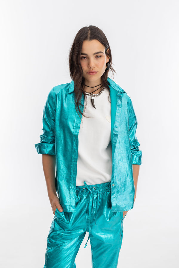 San Marino Metallic Linen Shirt - Turquoise