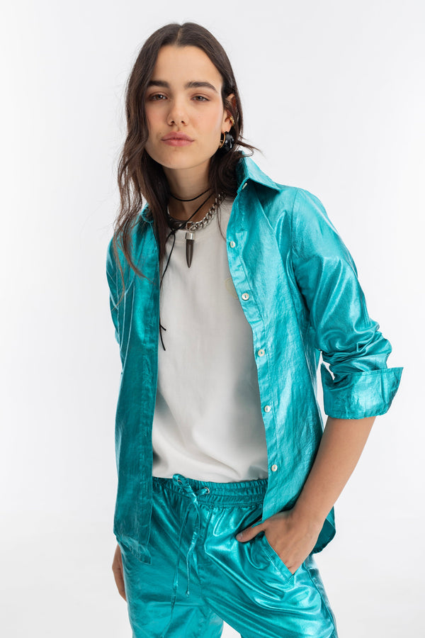 San Marino Metallic Linen Shirt - Turquoise