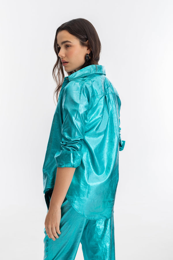 San Marino Metallic Linen Shirt - Turquoise