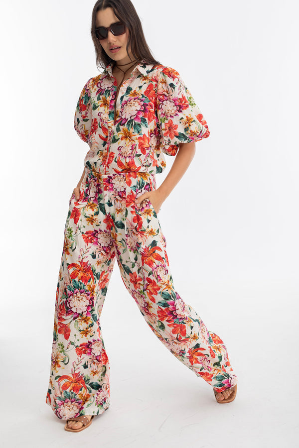 Culotte Linen Pants - Full Bloom Print
