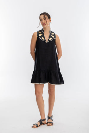 Far West Linen Dress - Black with Metallic Black and Gold Appliques