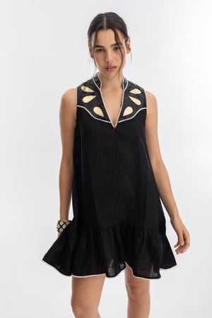 Far West Linen Dress - Black with Metallic Black and Gold Appliques