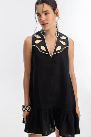 Far West Linen Dress - Black with Metallic Black and Gold Appliques