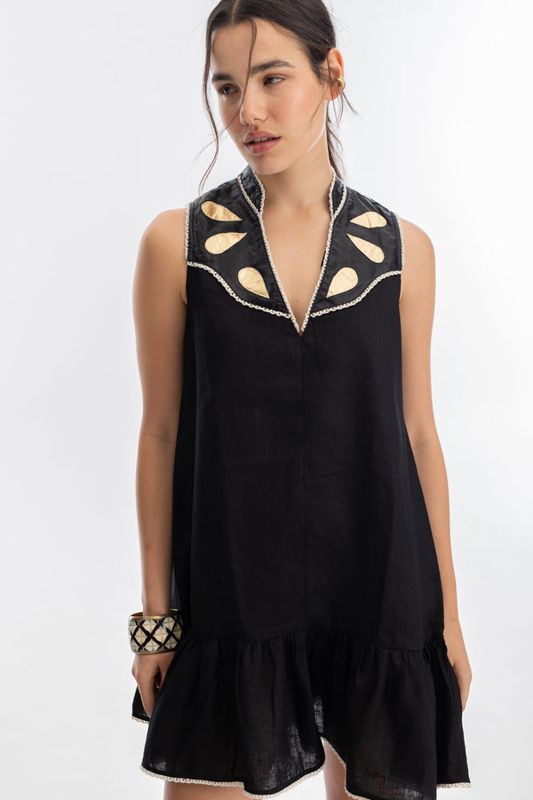 Far West Linen Dress - Black with Metallic Black and Gold Appliques