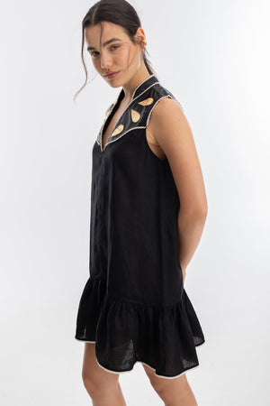 Far West Linen Dress - Black with Metallic Black and Gold Appliques