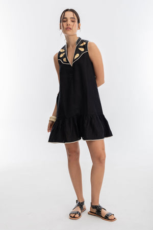 Far West Linen Dress - Black with Metallic Black and Gold Appliques