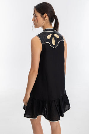 Far West Linen Dress - Black with Metallic Black and Gold Appliques