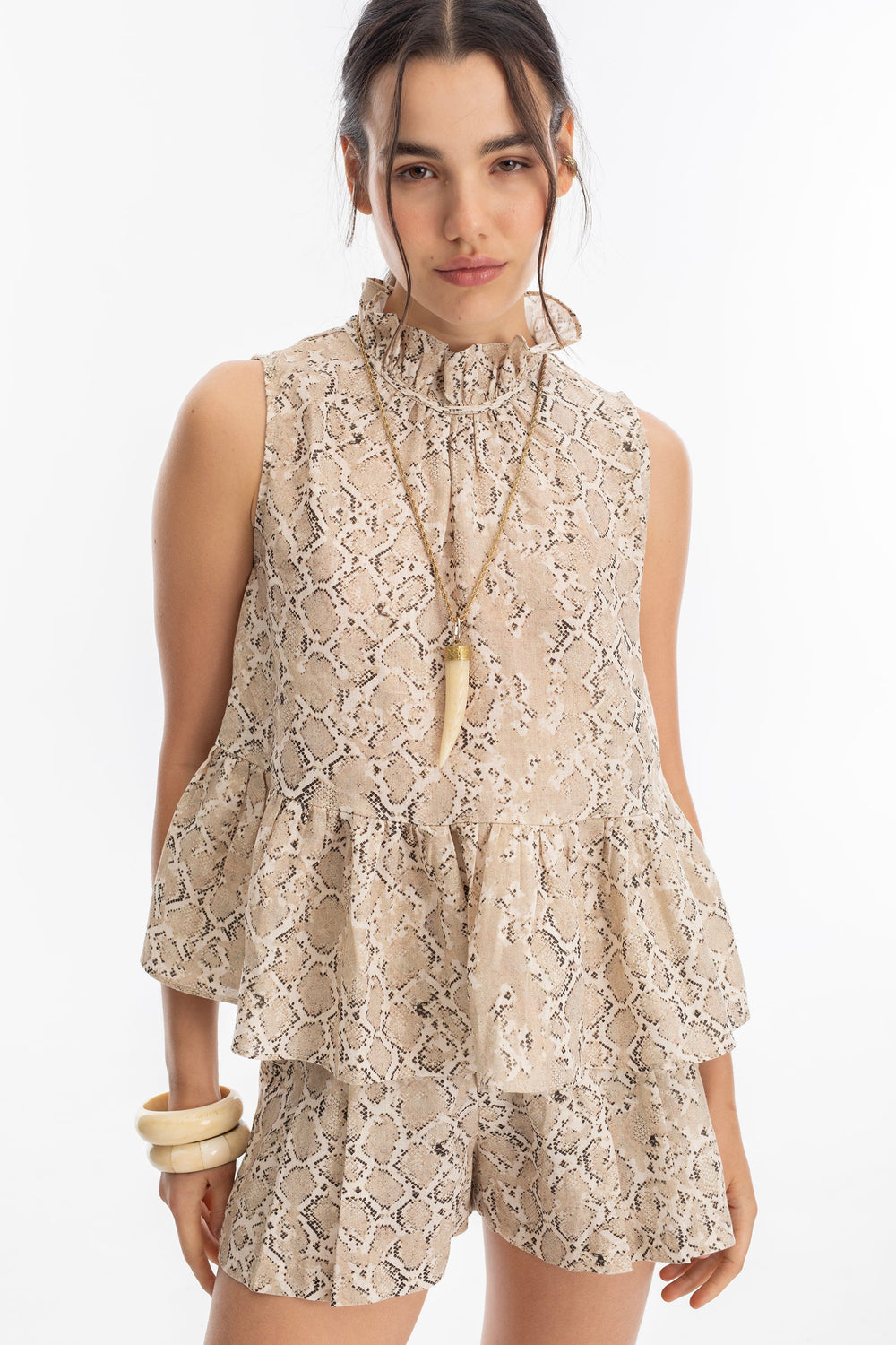 Daisy Metallic Linen Top - Snake Print