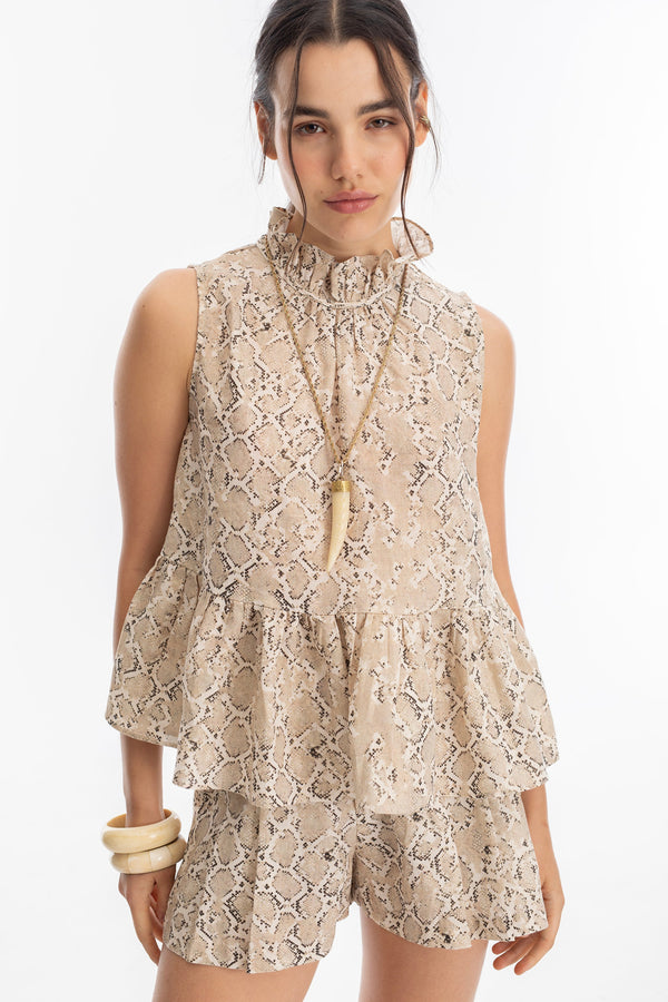 Daisy Metallic Linen Top - Snake Print