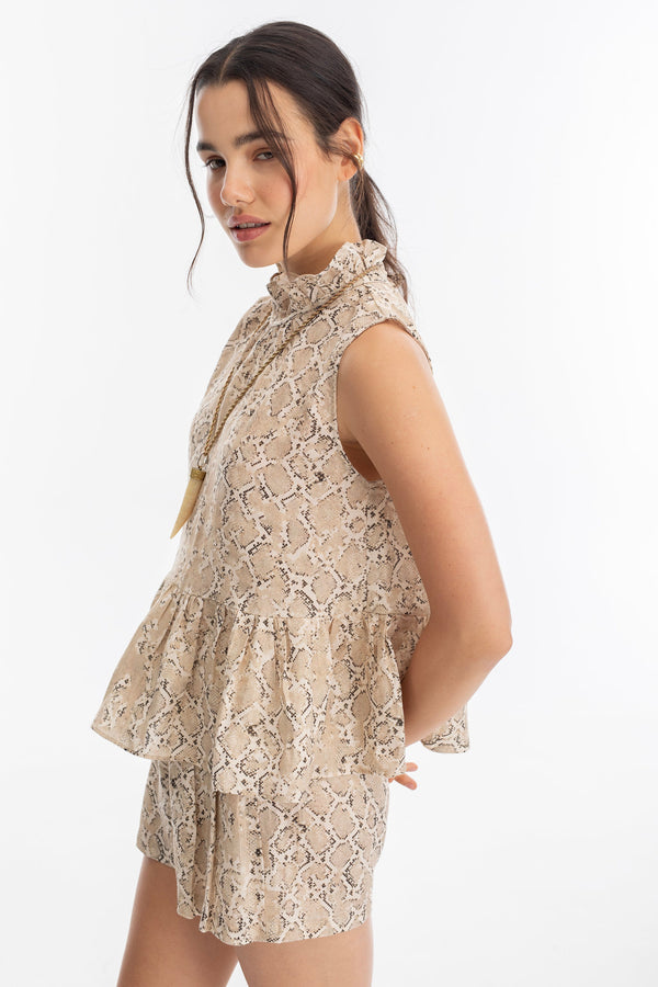 Daisy Metallic Linen Top - Snake Print