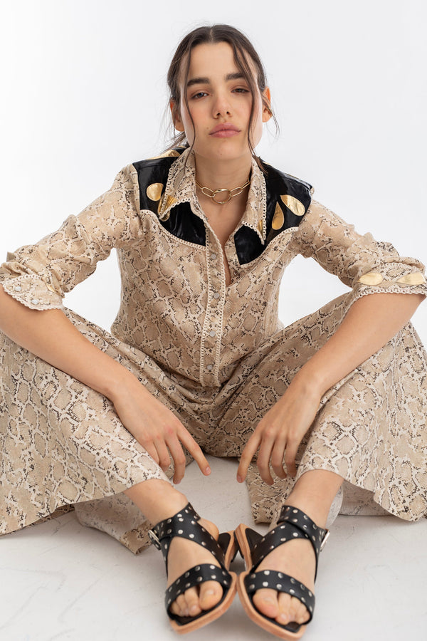 Far West Metallic Linen Shirt - Snake Print with Metallic Black and Gold Appliques