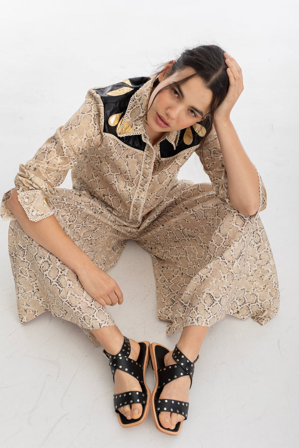 Far West Metallic Linen Shirt - Snake Print with Metallic Black and Gold Appliques