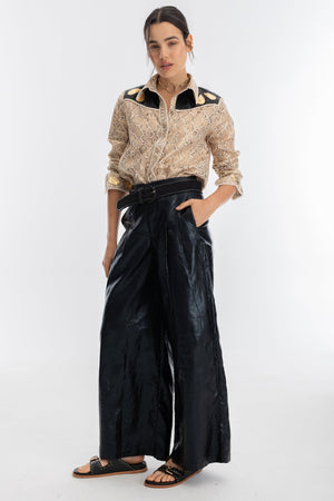 Far West Metallic Linen Shirt - Snake Print with Metallic Black and Gold Appliques