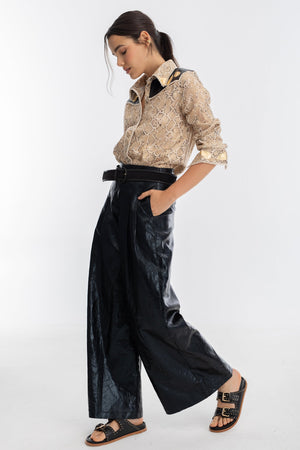 Far West Metallic Linen Shirt - Snake Print with Metallic Black and Gold Appliques