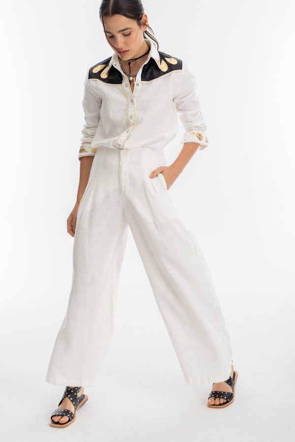 Far West Linen Shirt - Off-White with Metallic Black and Gold Appliques