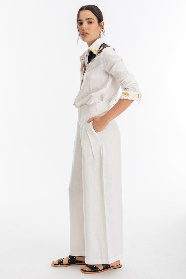 Far West Linen Shirt - Off-White with Metallic Black and Gold Appliques