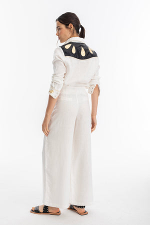 Far West Linen Shirt - Off-White with Metallic Black and Gold Appliques