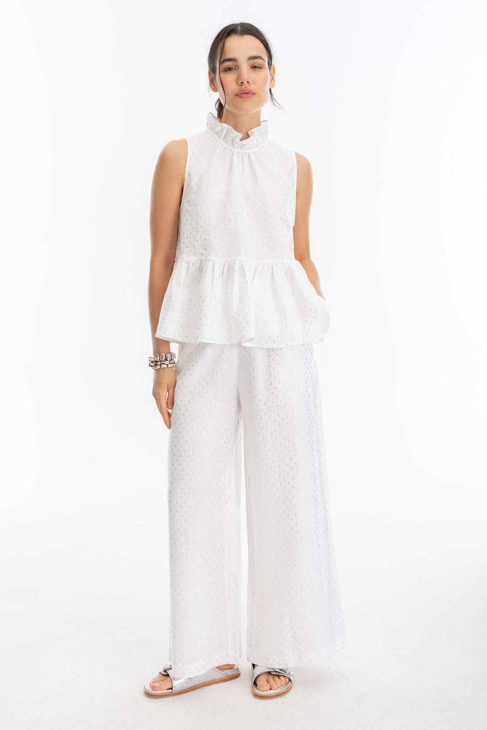 Cape Linen Pants - White with Silver