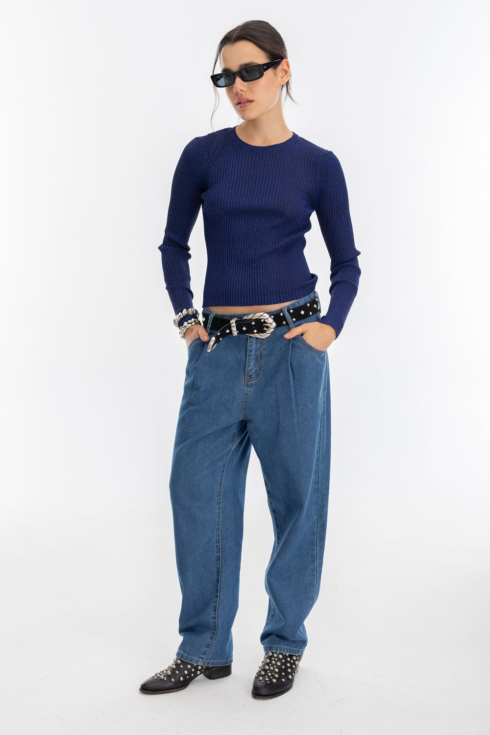 Vail Lurex Knitted Top - Navy