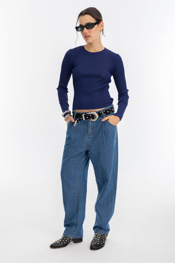 Vail Lurex Knitted Top - Navy