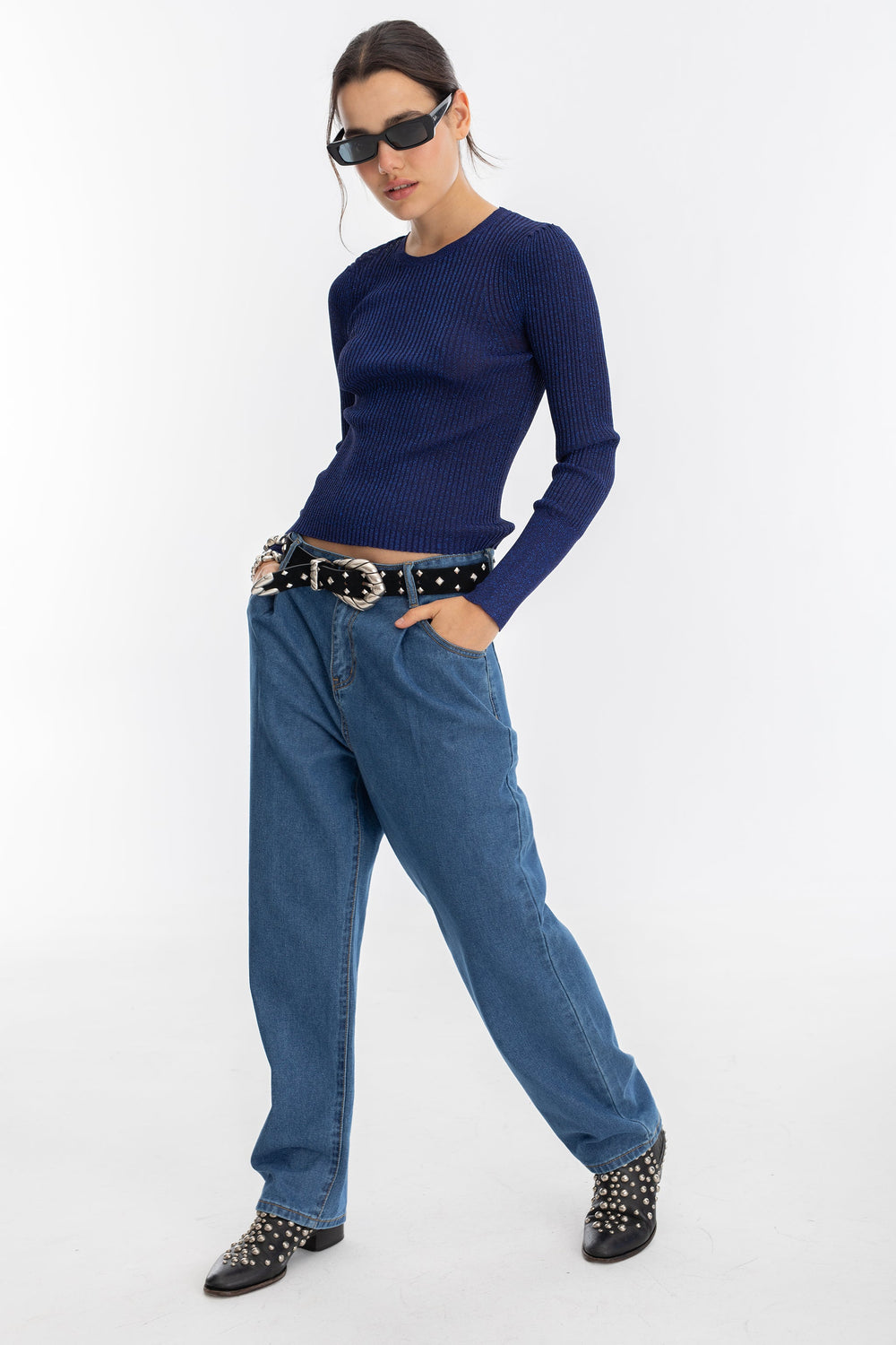 Vail Lurex Knitted Top - Navy