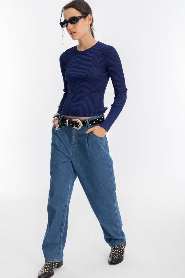 Vail Lurex Knitted Top - Navy