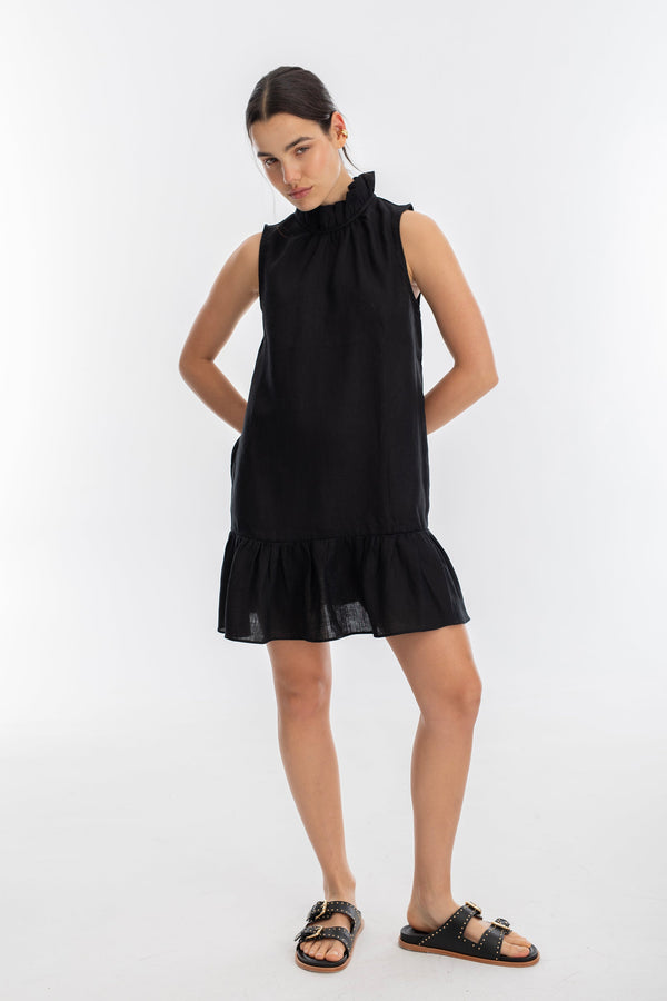 Daisy Short Linen Dress - Black