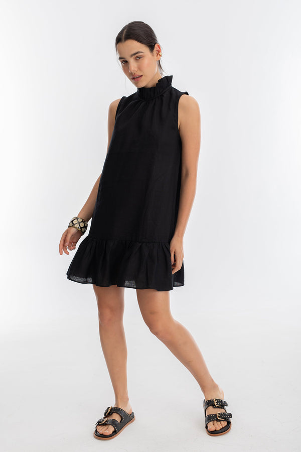 Daisy Short Linen Dress - Black