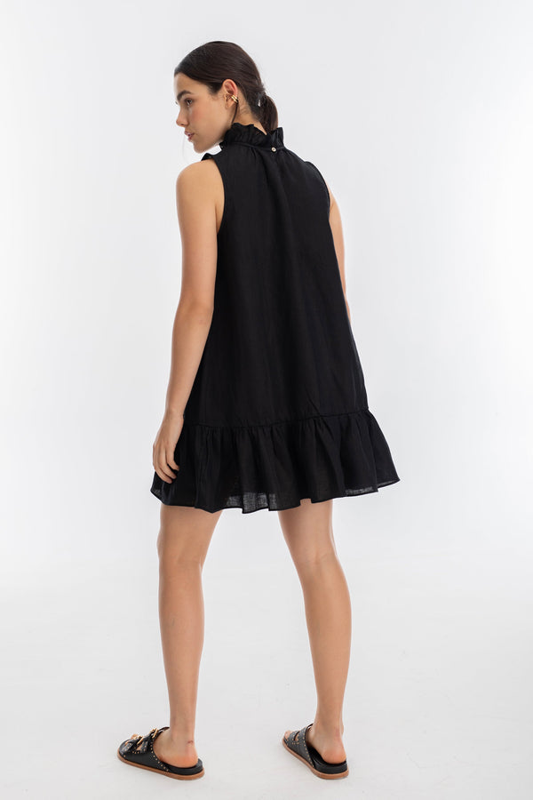 Daisy Short Linen Dress - Black