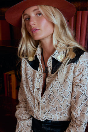 Far West Metallic Linen Shirt - Snake Print with Metallic Black and Gold Appliques